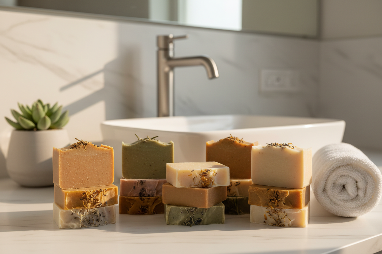 stacks of soap bars on a modern bathroom countertop